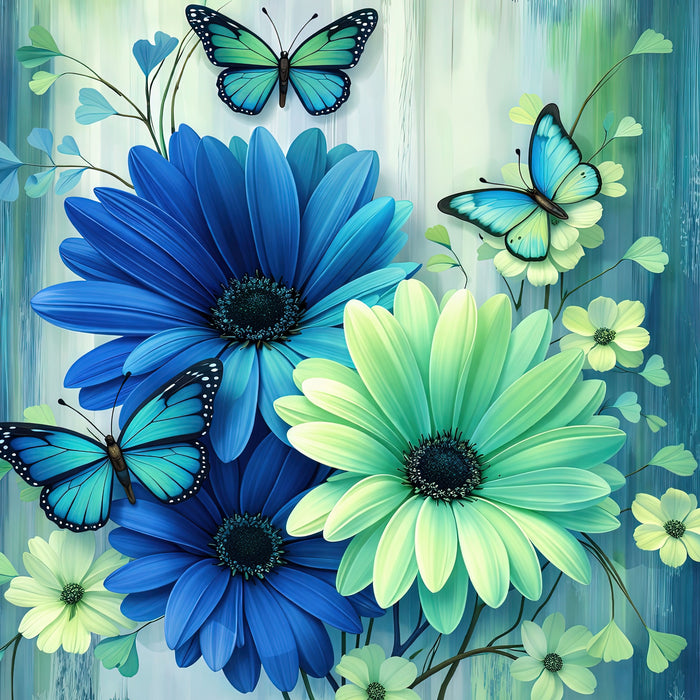 Seaglass Floral Diamond Painting Kit – Teal Blue Butterfly Daisy | 45x45cm (18x18in) Full Drill, Round Drill