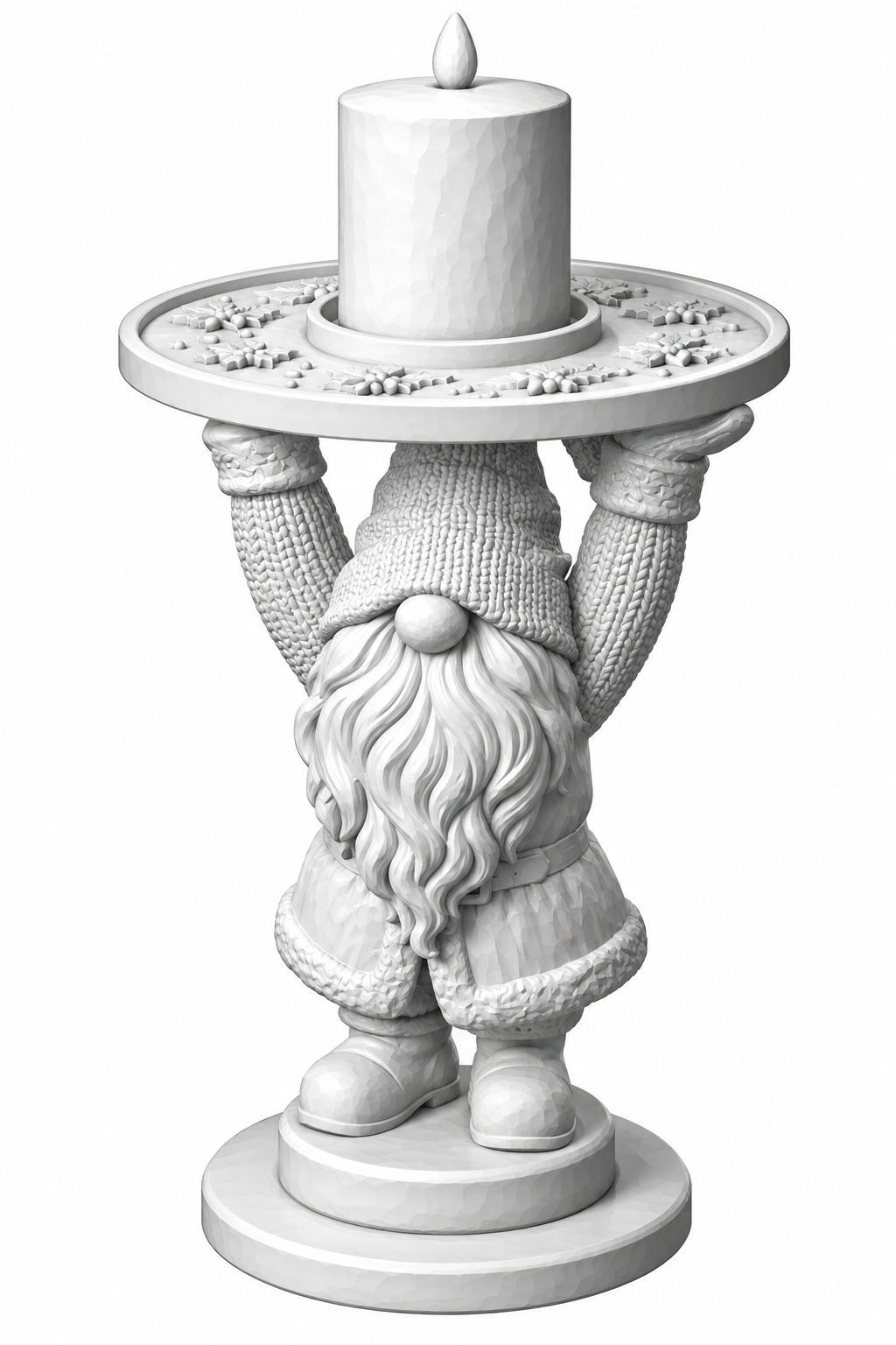 Snowflake Gnome votive holder, unpainted 3D printed bearded gnome in a knit hat raising a snowflake plate that holds an LED pillar candle