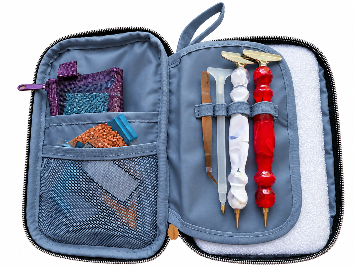 The Tool Keeper in slate blue, open, with diamond painting drill pens and tweezers in the elastic loops and drill bags in the mesh pockets