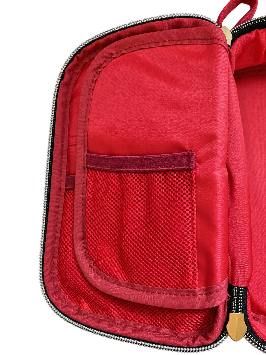Close-up of the Tool Keeper lid in true red, with a mesh pocket and slip pocket