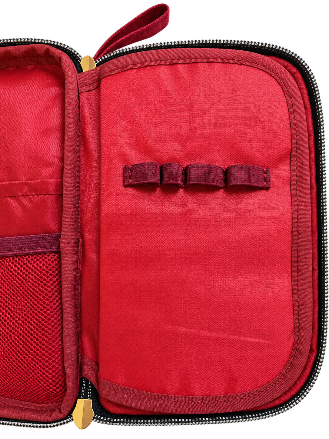 The Tool Keeper in True Red, open, showing elastic tool loops and mesh pocket