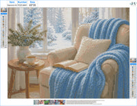 Winter Reading Nook diamond painting kit pattern canvas: printed symbol grid with DMC color legend, before drills are applied – image 2